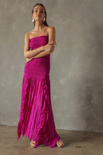 Load image into Gallery viewer, magenta color,  midi dress, smocked bodice, ruffle detail in skirt 
