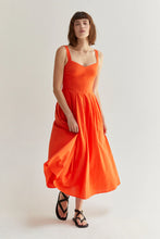 Load image into Gallery viewer, 100% cotton midi dress, poppy color, midi length, fitted bodice, pleating at waist