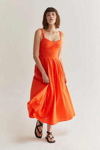 100% cotton midi dress, poppy color, midi length, fitted bodice, pleating at waist