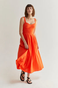 100% cotton midi dress, poppy color, midi length, fitted bodice, pleating at waist