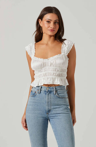 bride, bachelorette, silky white top, Satin finish top, Sweetheart neckline leads to a smocked design throughout, Subtle peplum hem, Ruffled shoulder straps and hem
