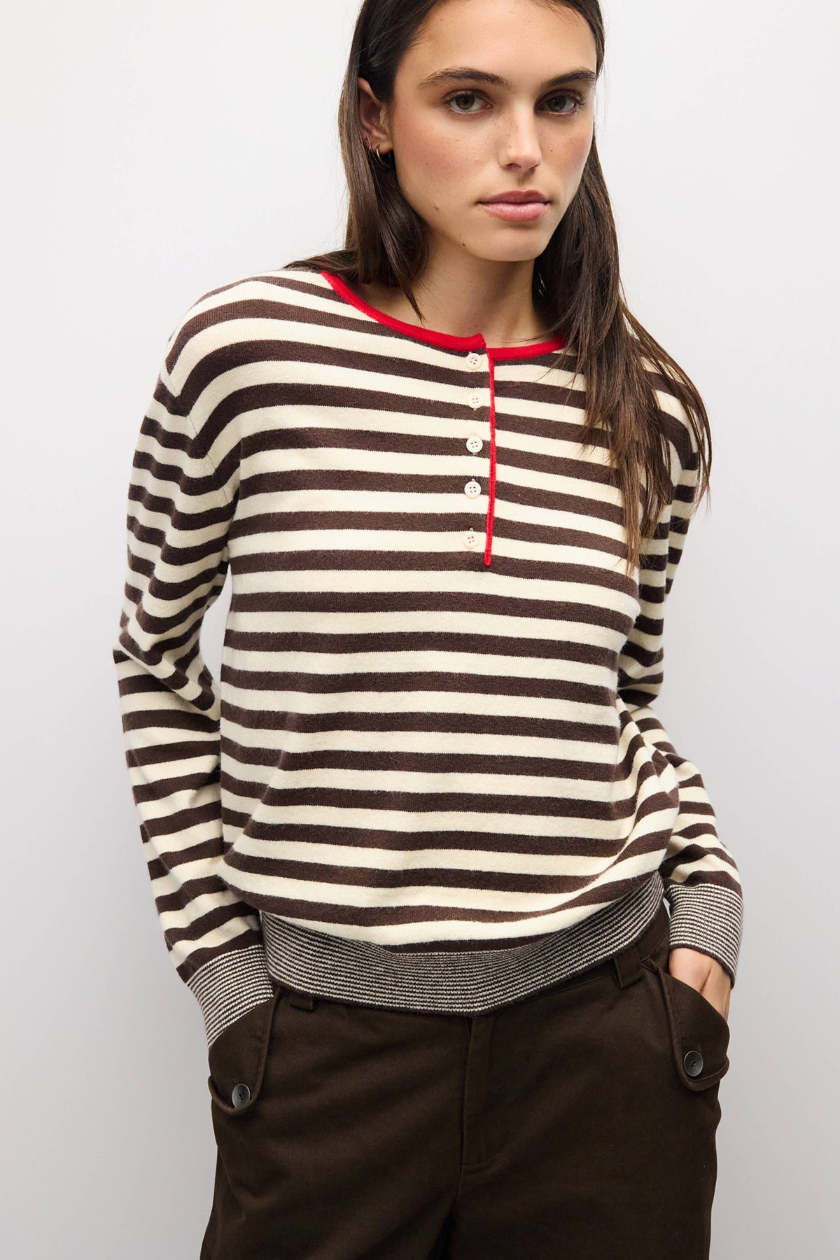 soft cream, brown stripes with red contrast cotton knit top for women 