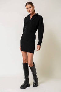 black sweater dress, zip up collared sweater dress, mini dress, ribbed knit, long sleeve sweater dress, Ribbed knit,  Zipper detail at neckline 