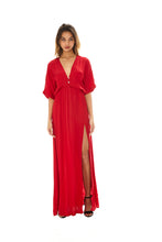Load image into Gallery viewer, red maxi dress, maxi dress with sleeves, scarlet red maxi, red maxi with side slit, deep v neckline