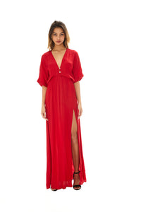 red maxi dress, maxi dress with sleeves, scarlet red maxi, red maxi with side slit, deep v neckline