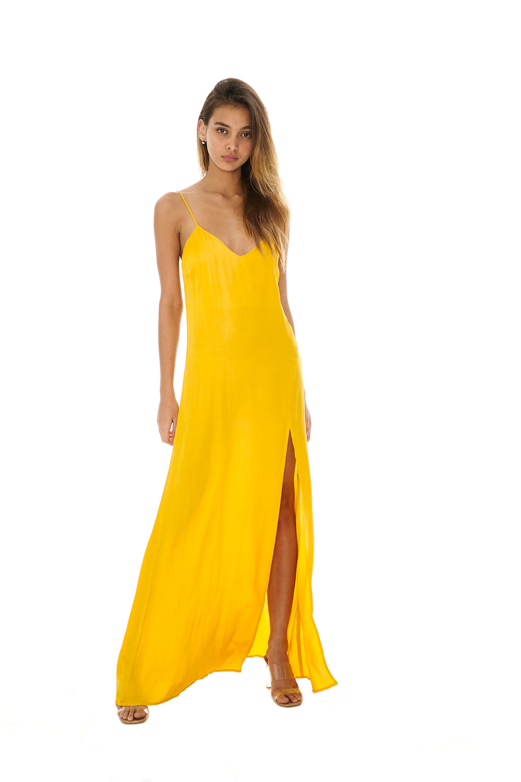 yellow maxi dress, v-neck maxi dress, Slinky maxi,  Adjustable straps, maxi with Side slit detail