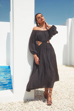 Load image into Gallery viewer, dress with sleeves, black midi dress, dress with side cutouts, vacation dress, Flowy midi/maxi length, off the shoulder dress, Cut out bodice