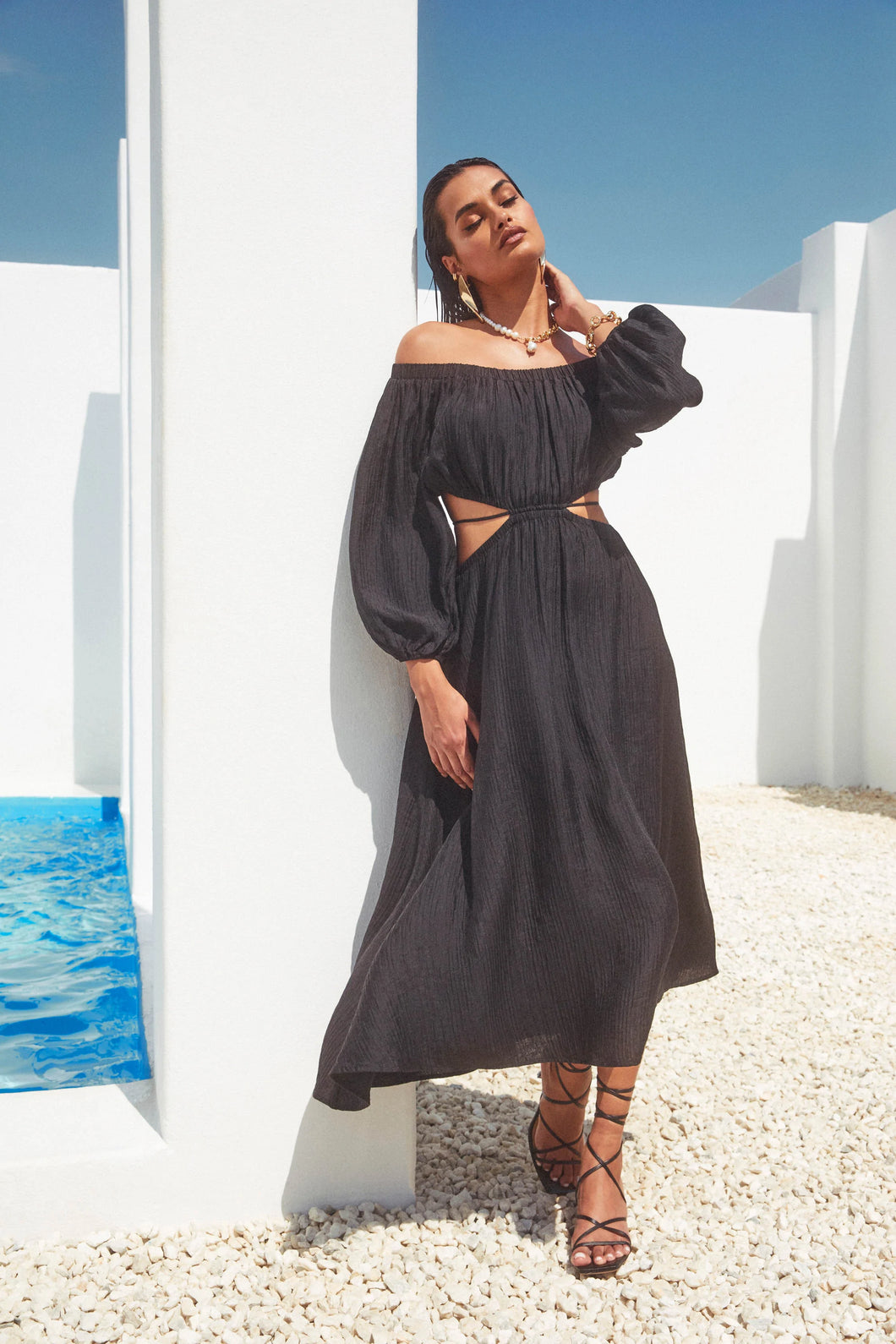dress with sleeves, black midi dress, dress with side cutouts, vacation dress, Flowy midi/maxi length, off the shoulder dress, Cut out bodice