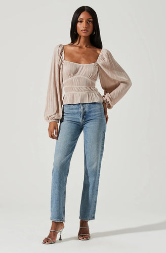 champagne top, dressy top with long sleeves, textured fabric, Plisse fabric, Square neckline, Darted bodice,  Accentuated waist, Voluminous sleeve with elastic cuff at wrist 