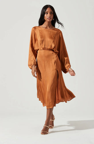 amber dress, midi length dress, high slit, dress with long sleeves, Gorgeous satin-finish dress,  draped silhouette, Long dolman sleeves, gathered front and cinched waist, Front slit accent punctuates a flowy and lined midi skirt, V-cut back